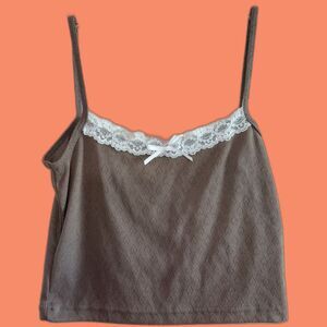Y2K Taupe-y Brown Cropped Cami Tank Top Lace Trim Textured Fabric XL Coquette